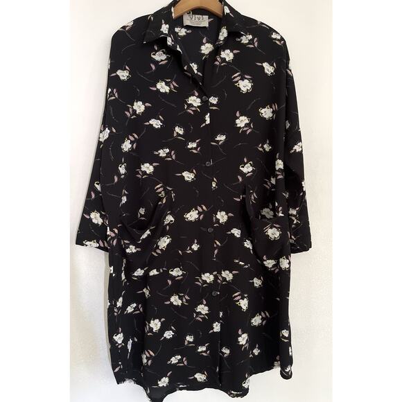 VIVI Oversized Boxy Shirt Dress M Black Floral Collar Button Up Relaxed Fit - Picture 1 of 5